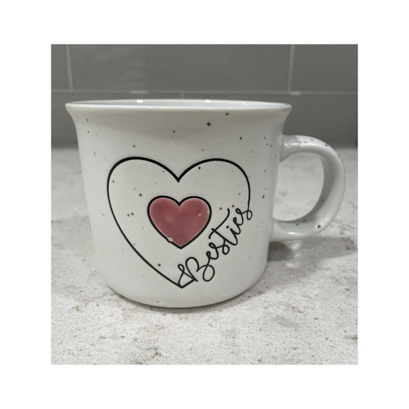 BESTIES 2-sided Embossed Camp Mug Pink Double Heart Cream Speckled Lg 18 oz cup - Picture 1 of 8